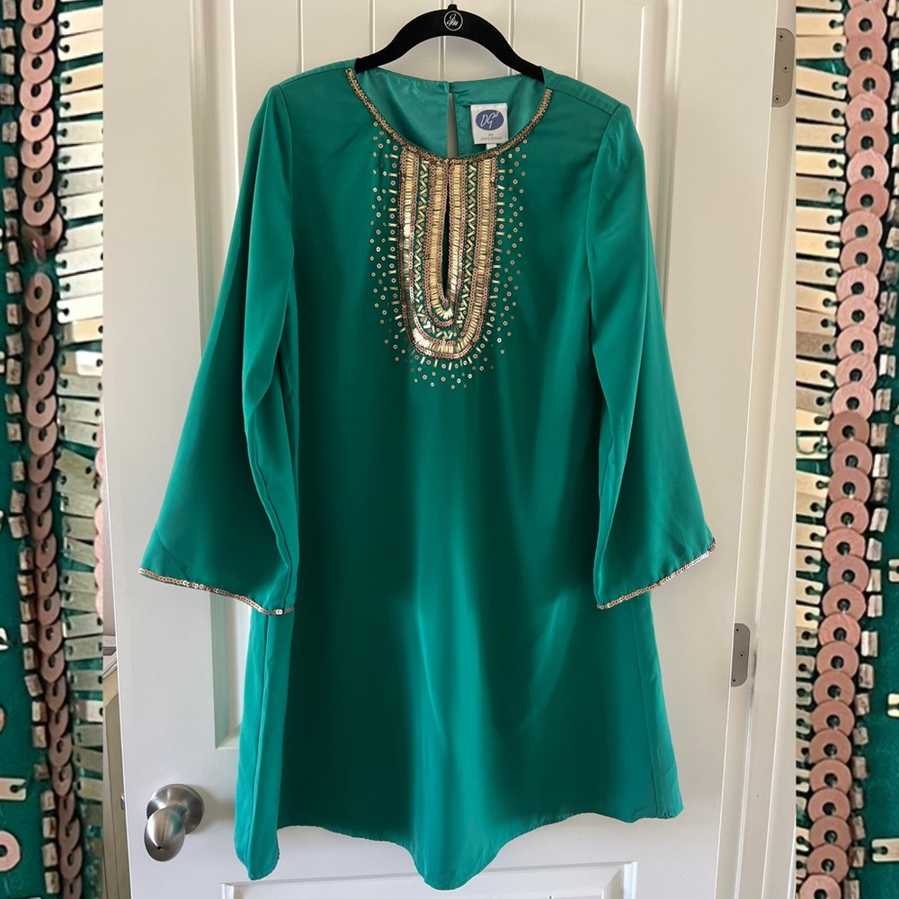 DG2 Shift Dress XS / S Green tone with Shimmery Sequin accents by Dianne Gilman